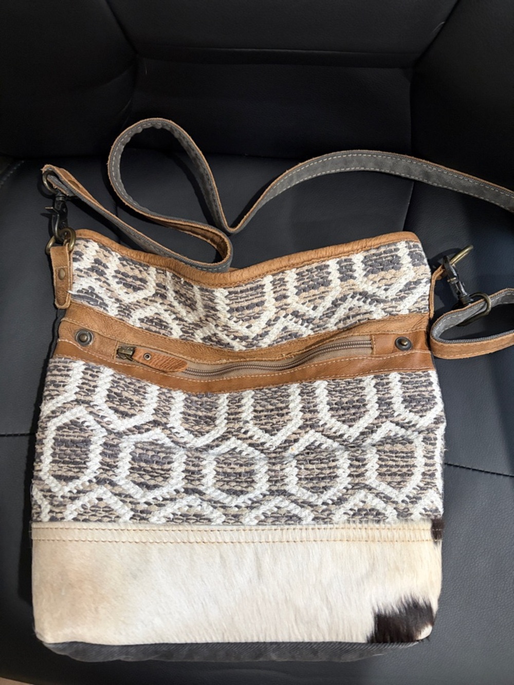 Myra Beand Woven Geometric Crossbody Bag with Leather Trim - Brown/White